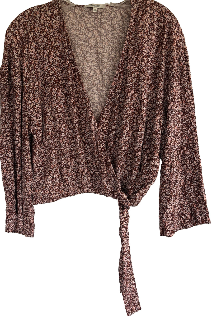 Madewell Women’s Floral Wrap Top Size XL Maroon Tie Front Long Sleeve Blouse